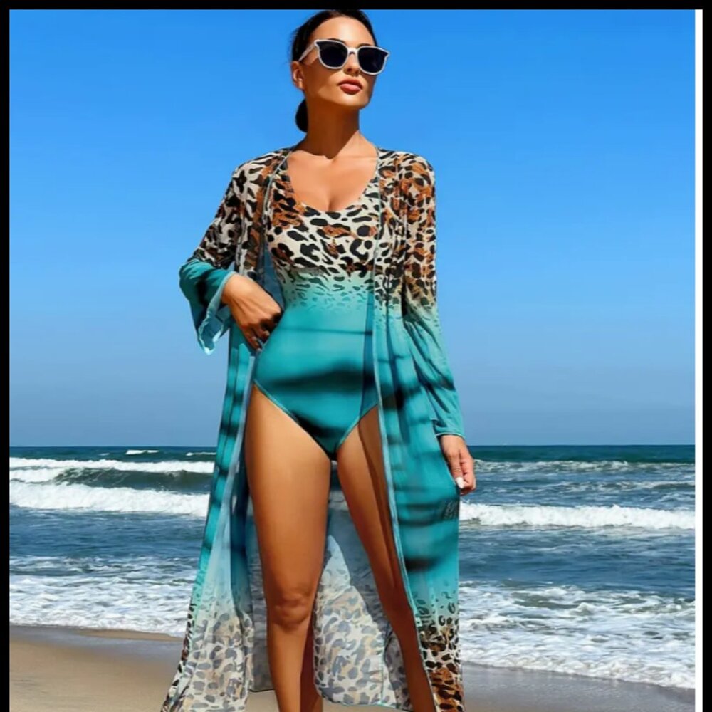 Ombre Leopard swimsuit with coverup kimono